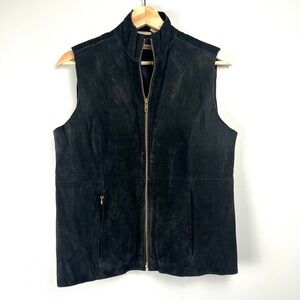 Vtg RuffHewn Womens Black Genuine Leather Suede Full Zip Mock Neck Vest S Moto